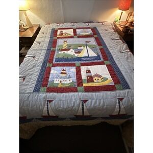 Vintage Feed Sack Hand Stitched Beautiful Light House Sailboat Quilt 87x83